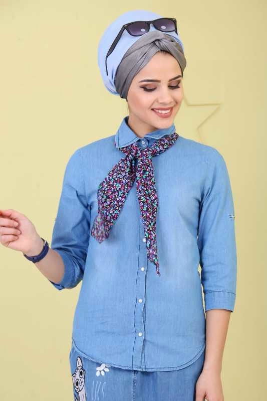 Düz Orta Kadın Mavi Fular Kot Tunik Mavi - 02 6716 - 6716 MAVİ