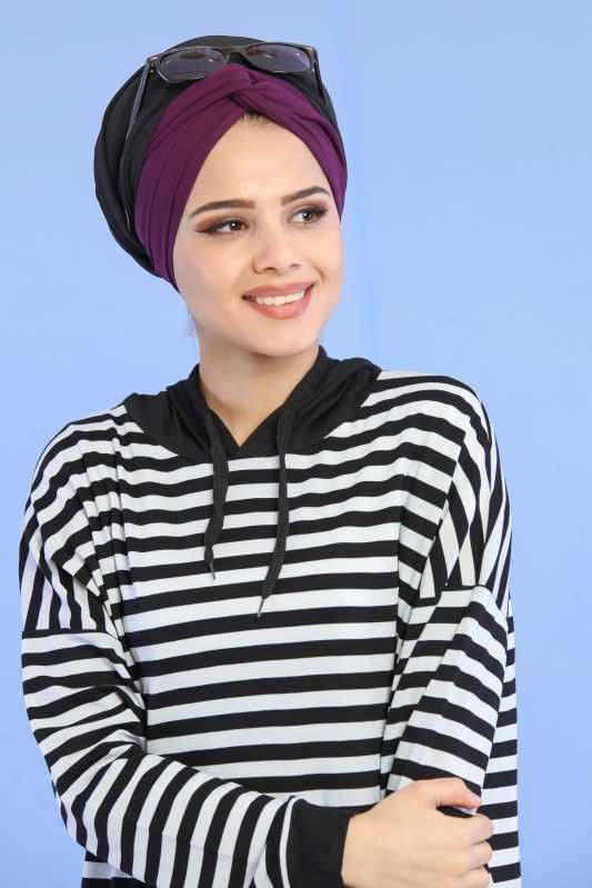 Düz Orta Kadın Siyah Çizgili Kapşonlu Tunik Siyah Kırmızı  - 6723 SİYAH