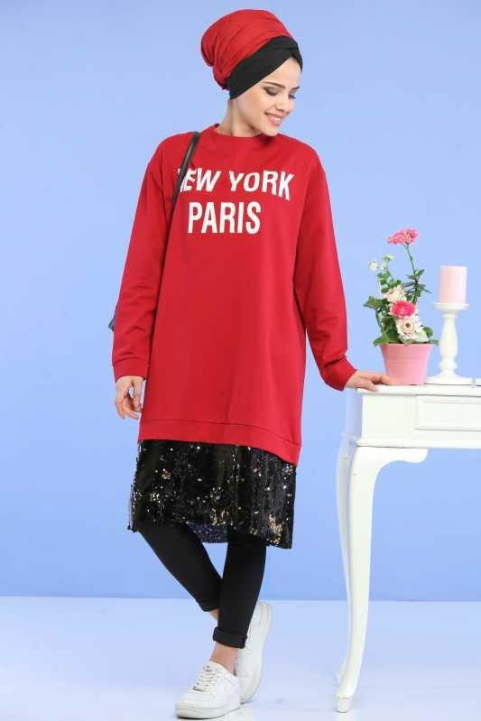 Düz Orta Kadın Bordo Pul Detay Spor Tunik Bordo  - 6725 BORDO