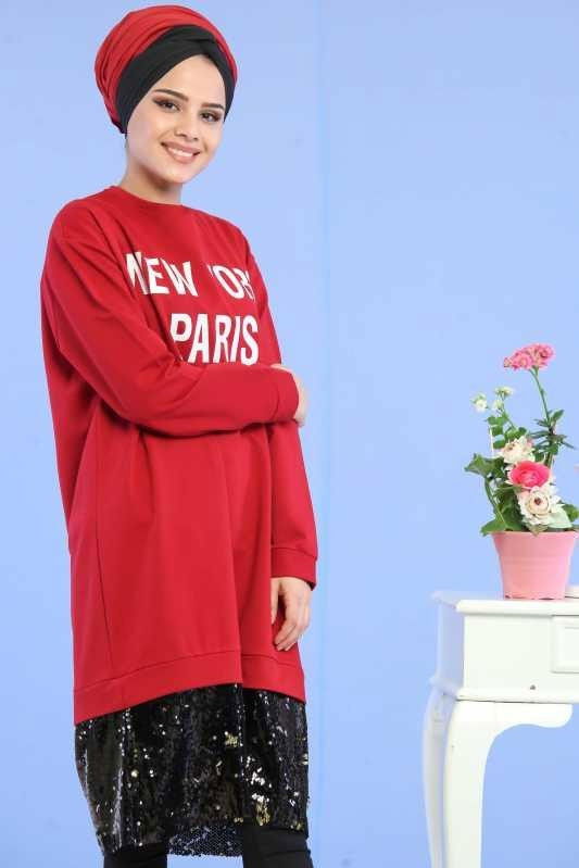 Düz Orta Kadın Bordo Pul Detay Spor Tunik Bordo  - 6725 BORDO