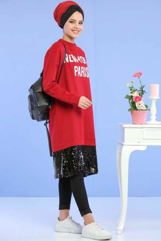 Düz Orta Kadın Bordo Pul Detay Spor Tunik Bordo  - 6725 BORDO