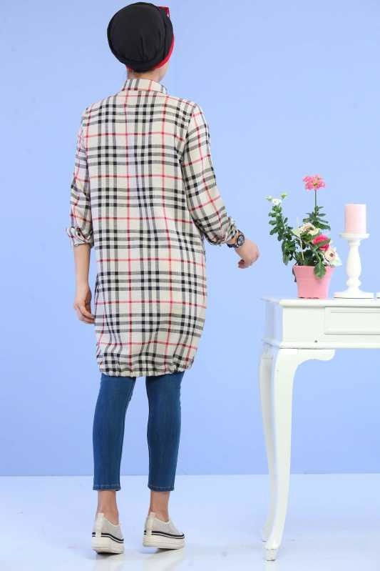 Düz Orta Kadın Ekru Ekose Tunik Ekru  - 6733