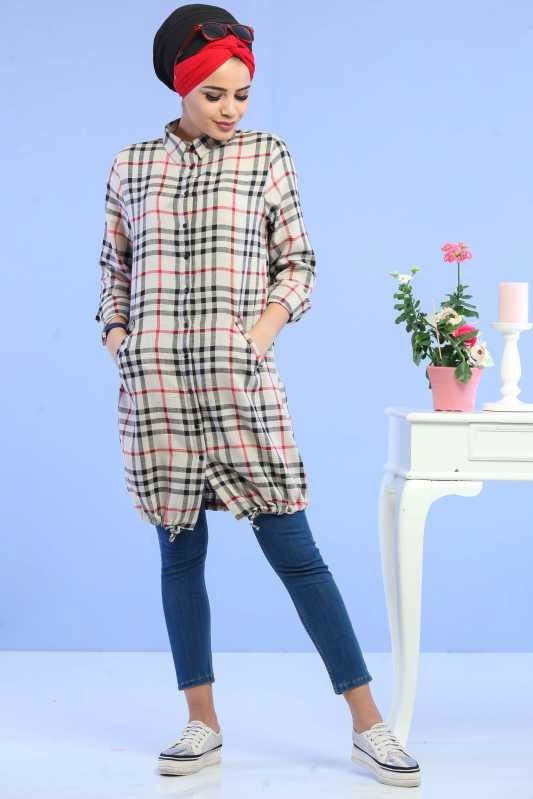 Düz Orta Kadın Ekru Ekose Tunik Ekru  - 6733