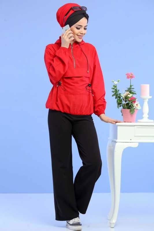 Düz Orta Kadın Bordo Kapşonlu Sweat Taba  - 6741 BORDO