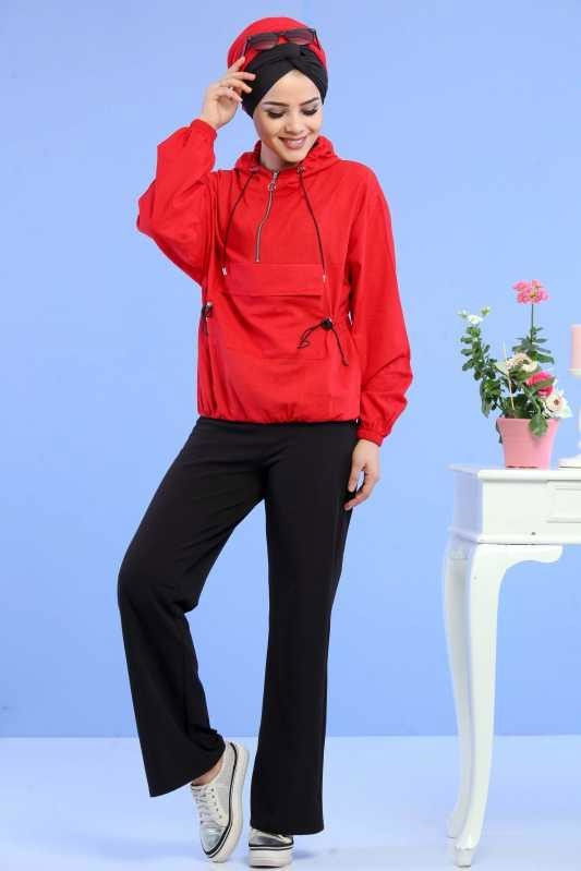 Düz Orta Kadın Bordo Kapşonlu Sweat Taba  - 6741 BORDO