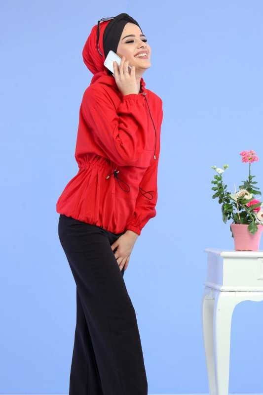 Düz Orta Kadın Bordo Kapşonlu Sweat Taba  - 6741 BORDO
