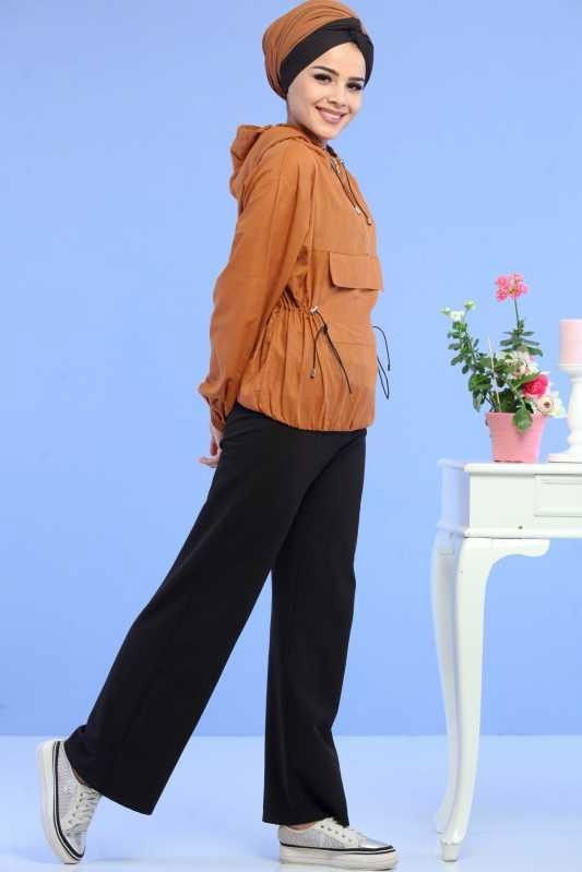 Düz Orta Kadın Sarı Kapşonlu Sweat Taba  - 6741