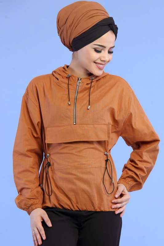 Düz Orta Kadın Sarı Kapşonlu Sweat Taba  - 6741