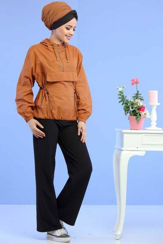 Düz Orta Kadın Sarı Kapşonlu Sweat Taba  - 6741