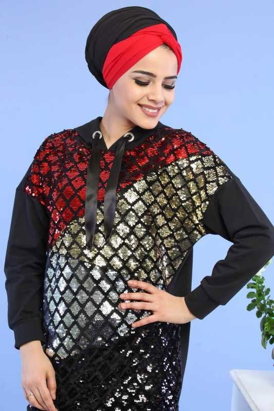 Düz Orta Kadın Bordo Pul Detay Tunik Siyah  - 6556 BORDO