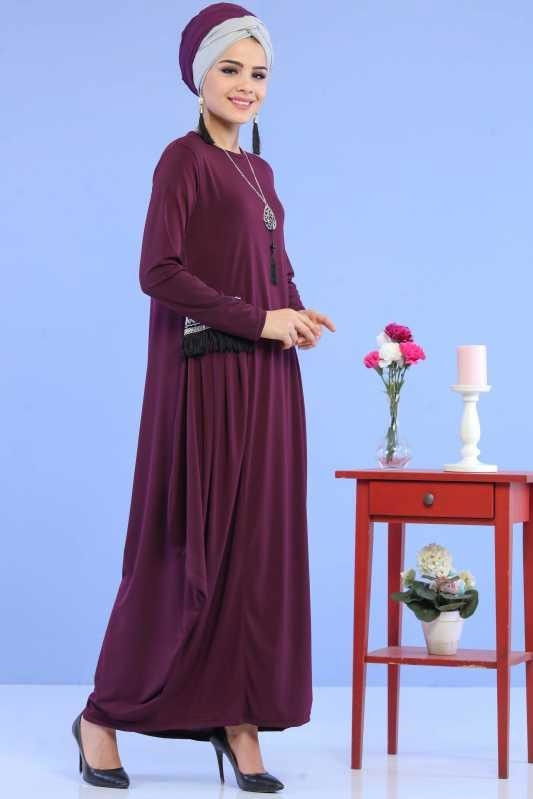 Düz Orta Kadın Mor Püskül Detay Elbise Kolye Siyah  - 6744