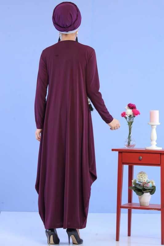 Düz Orta Kadın Mor Püskül Detay Elbise Kolye Siyah  - 6744