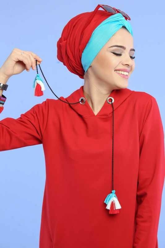 Düz Orta Kadın Bordo Kapşonlu Tunik Siyah  - 6747 BORDO
