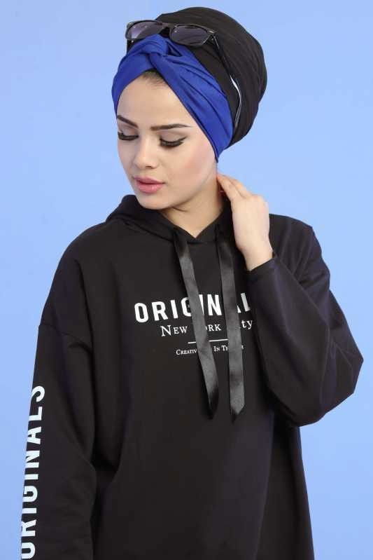 Düz Orta Kadın Siyah Kapşonlu Tunik Siyah  - 6748