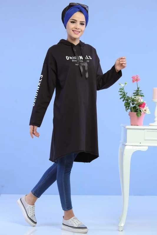 Düz Orta Kadın Siyah Kapşonlu Tunik Siyah  - 6748