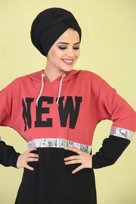 Düz Orta Kadın Pembe Baskılı Pul Detay Tunik Haki  - 6613