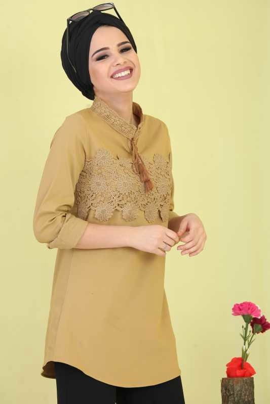 Düz Orta Kadın Sarı Dantel Detay Tunik Hardal - 02 6753 - 6753 Sarı