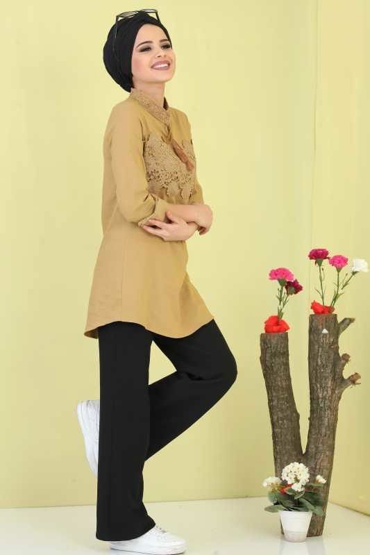 Düz Orta Kadın Sarı Dantel Detay Tunik Hardal - 02 6753 - 6753 Sarı