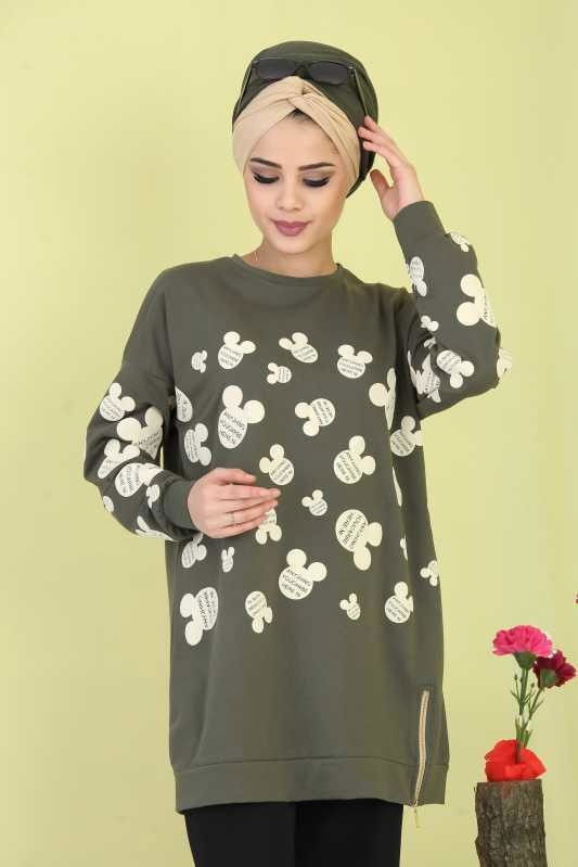 Düz Orta Kadın Haki Baskılı Tunik Siyah  - 6754