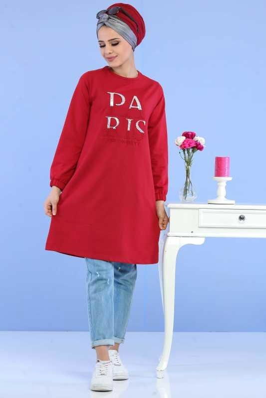 Düz Orta Kadın Bordo Paris Baskılı Tunik Siyah  - 6768 BORDO