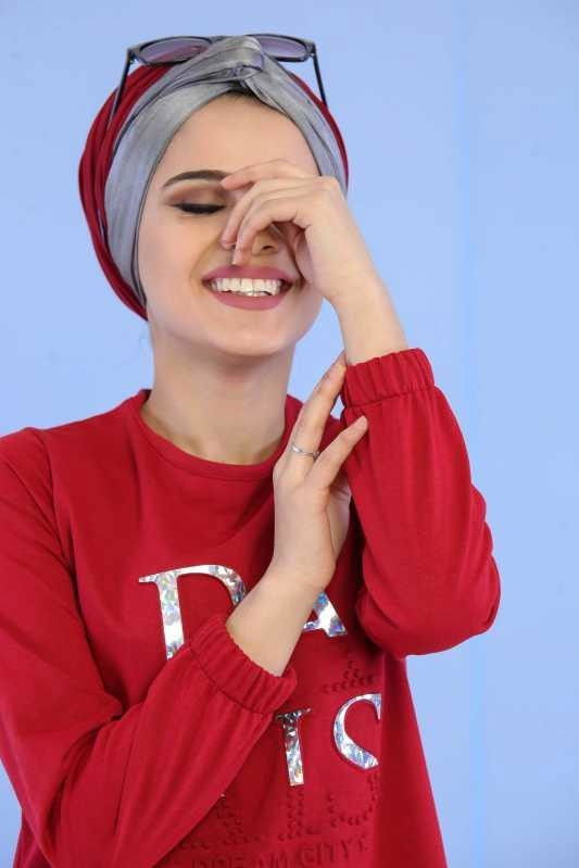 Düz Orta Kadın Bordo Paris Baskılı Tunik Siyah  - 6768 BORDO
