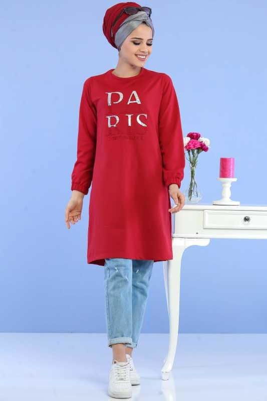 Düz Orta Kadın Bordo Paris Baskılı Tunik Siyah  - 6768 BORDO