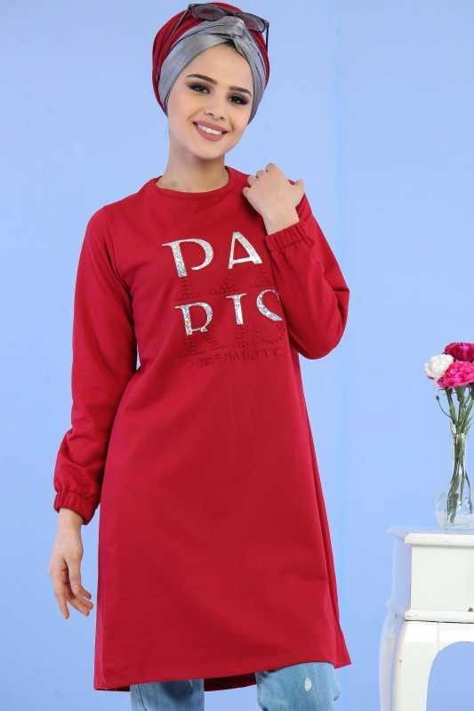 Düz Orta Kadın Bordo Paris Baskılı Tunik Siyah  - 6768 BORDO