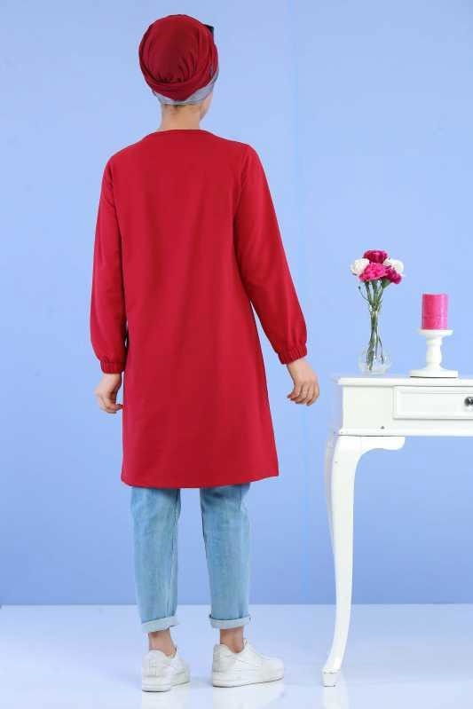 Düz Orta Kadın Bordo Paris Baskılı Tunik Siyah  - 6768 BORDO