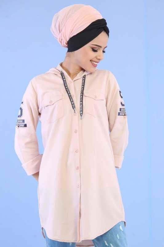 Düz Orta Kadın Pembe Kapşonlu Cepli Tunik Siyah  - 6766 PEMBE