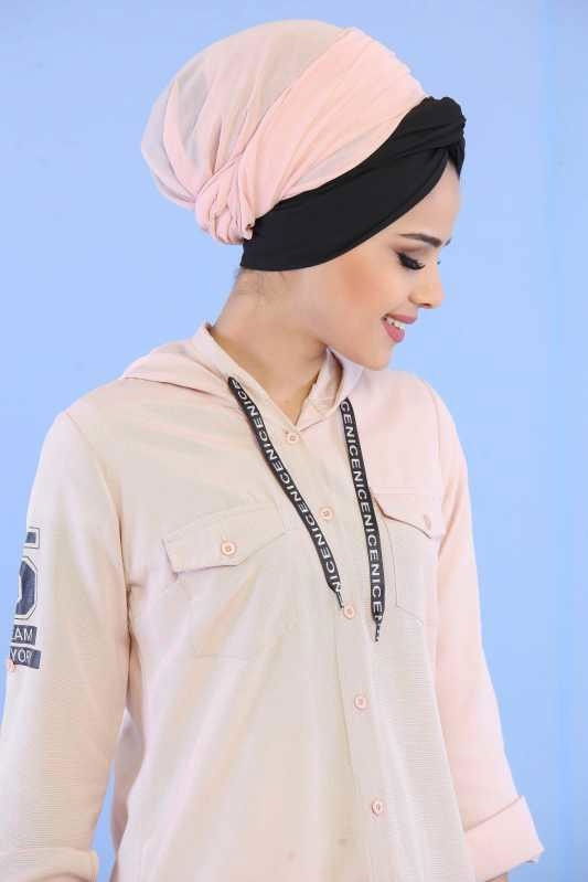 Düz Orta Kadın Pembe Kapşonlu Cepli Tunik Siyah  - 6766 PEMBE