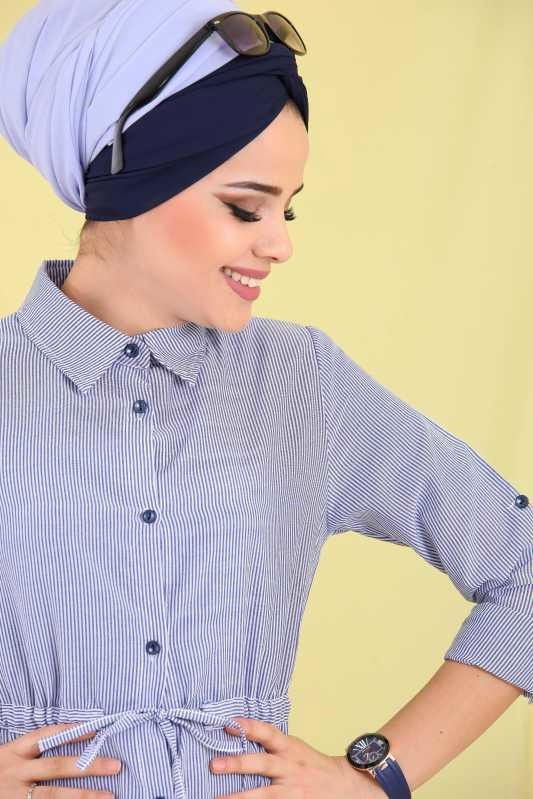 Düz Orta Kadın Mavi Çizgili Tunik Siyah  - 6773