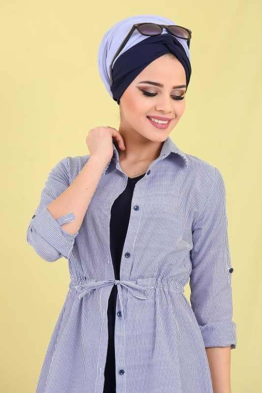 Düz Orta Kadın Mavi Çizgili Tunik Siyah  - 6773