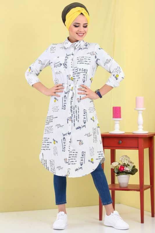 Düz Orta Kadın Yeşil Desen Tunik Pembe  - 6775 YEŞİL