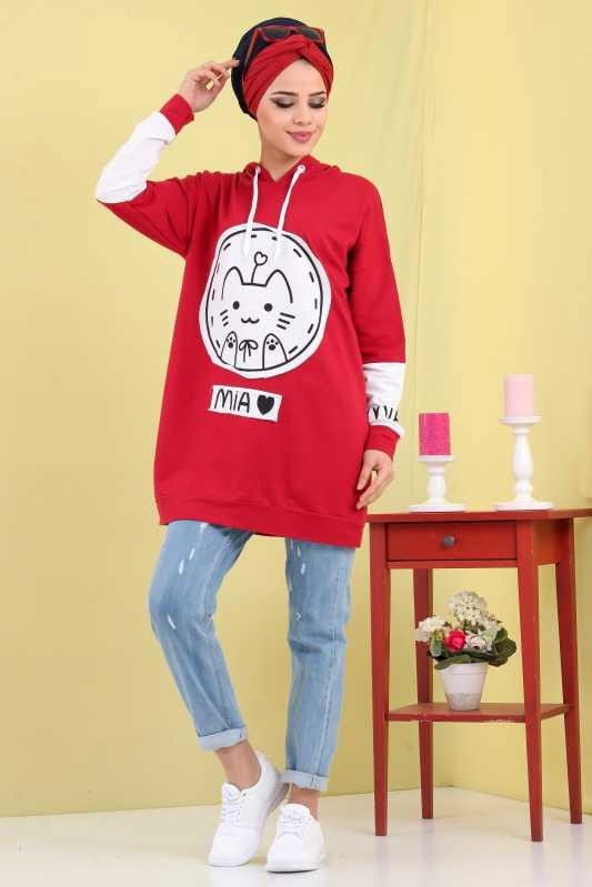 Düz Orta Kadın Bordo Baskılı Kapşonlu Tunik Bordo  - 6777 BORDO