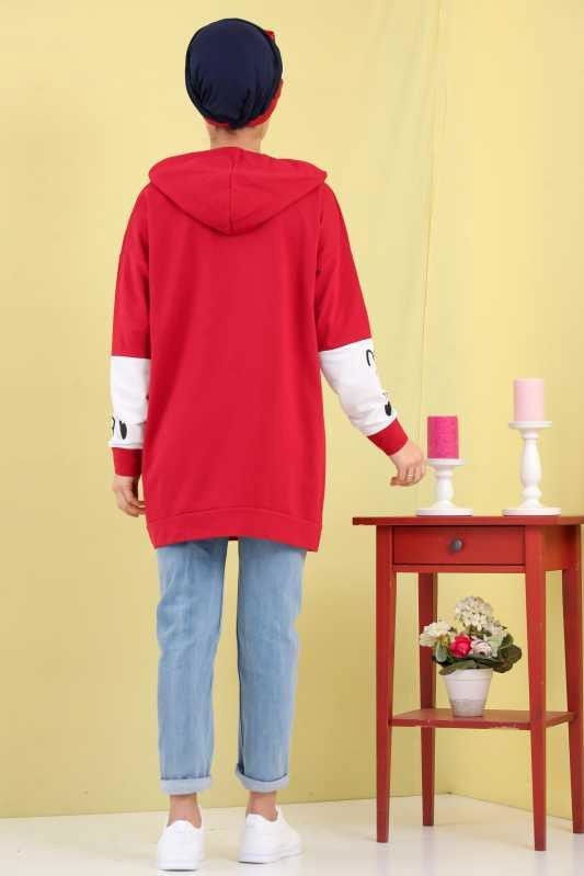 Düz Orta Kadın Bordo Baskılı Kapşonlu Tunik Bordo  - 6777 BORDO