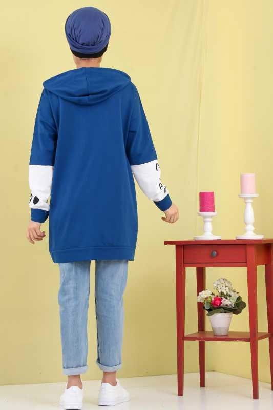 Düz Orta Kadın Mavi Baskılı Kapşonlu Tunik Bordo  - 6777