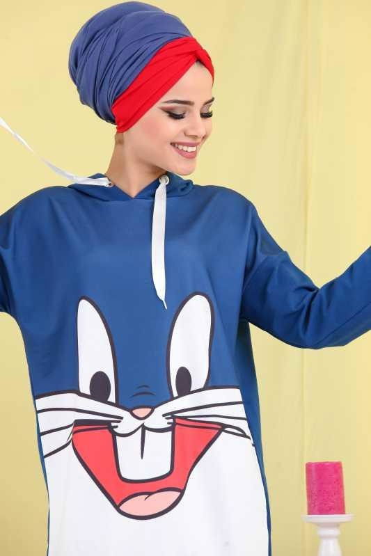 Düz Orta Kadın Mavi Baskılı Kapşonlu Tunik Bordo  - 6781 MAVİ
