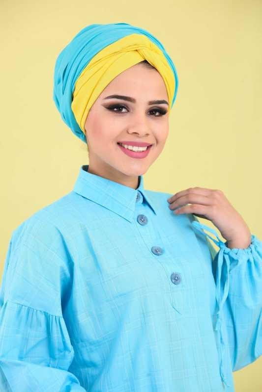 Düz Orta Kadın Mavi Ekose Tunik - 6783 MAVİ