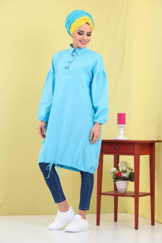 Düz Orta Kadın Mavi Ekose Tunik - 6783 MAVİ