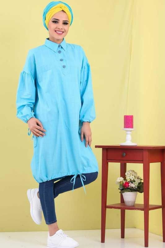 Düz Orta Kadın Mavi Ekose Tunik - 6783 MAVİ