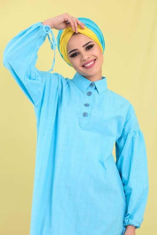 Düz Orta Kadın Mavi Ekose Tunik - 6783 MAVİ