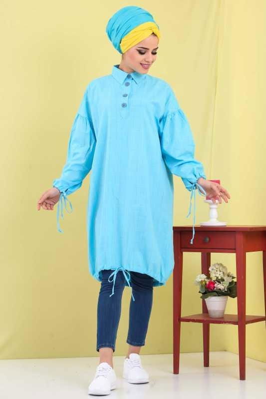 Düz Orta Kadın Mavi Ekose Tunik - 6783 MAVİ