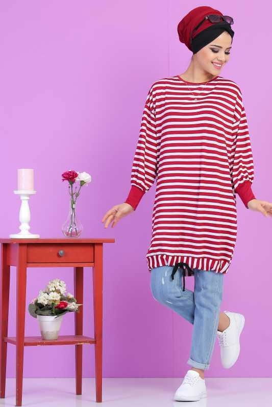 Düz Orta Kadın Bordo Salaş Tunik Siyah  - 5098 BORDO