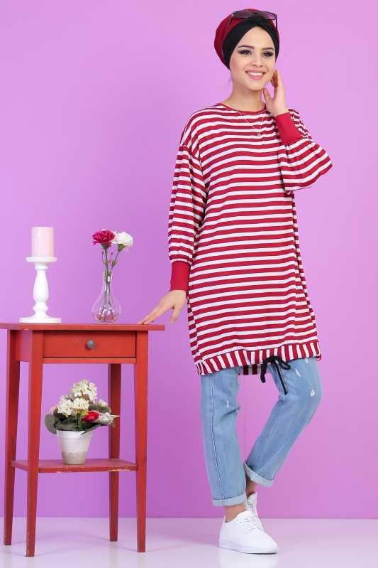 Düz Orta Kadın Bordo Salaş Tunik Siyah  - 5098 BORDO