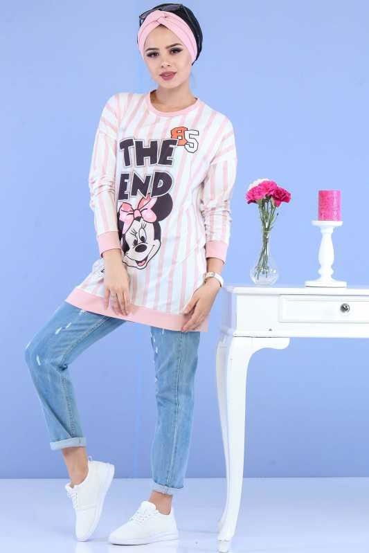 Düz Orta Kadın Pembe Baskılı Tunik Siyah  - 6804 PEMBE