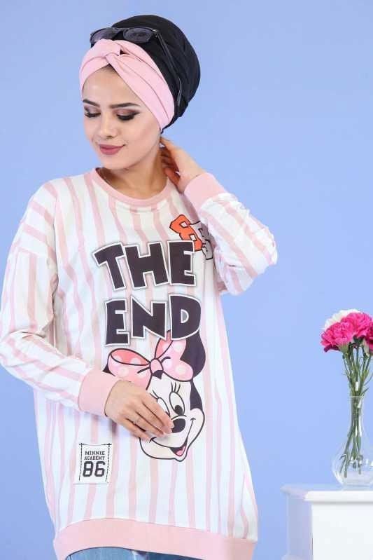 Düz Orta Kadın Pembe Baskılı Tunik Siyah  - 6804 PEMBE