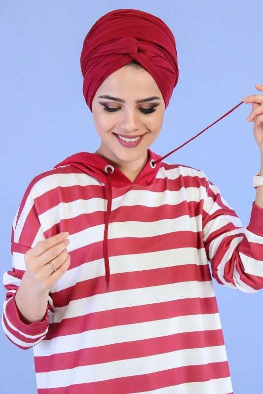 Düz Orta Kadın Bordo Kapşonlu Tunik Siyah  - 6805