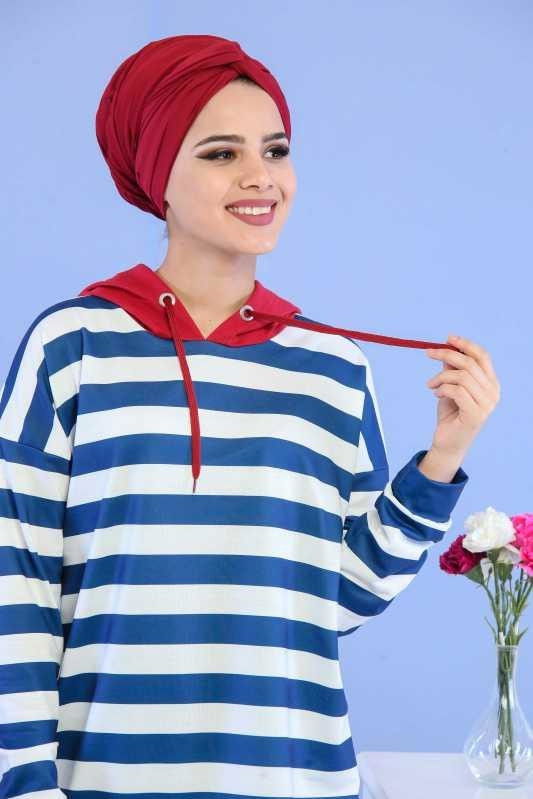 Düz Orta Kadın Mavi Kapşonlu Tunik Siyah  - 6805