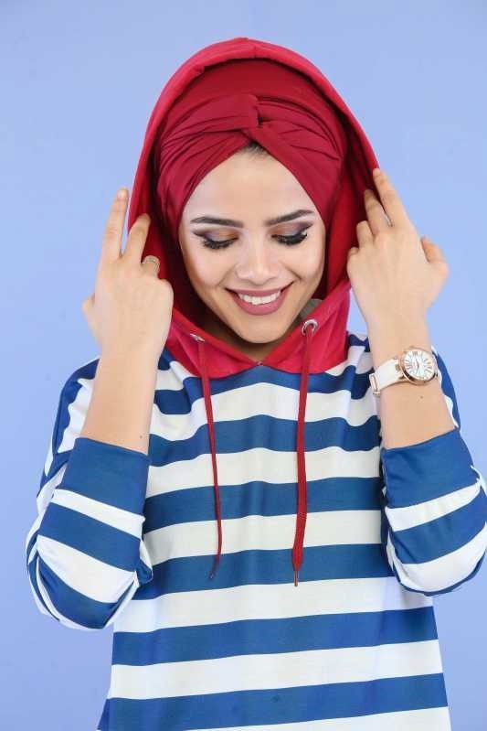 Düz Orta Kadın Mavi Kapşonlu Tunik Siyah  - 6805