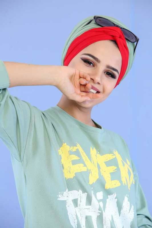 Düz Orta Kadın Yeşil Baskılı Tunik Siyah  - 6806